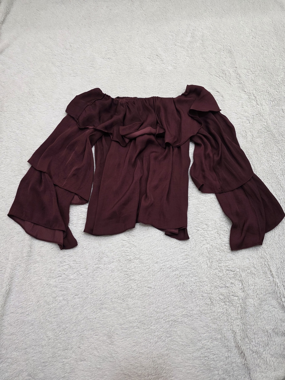 Off-Shoulder Ruffle Tiered-Sleeve Blouse - Wine